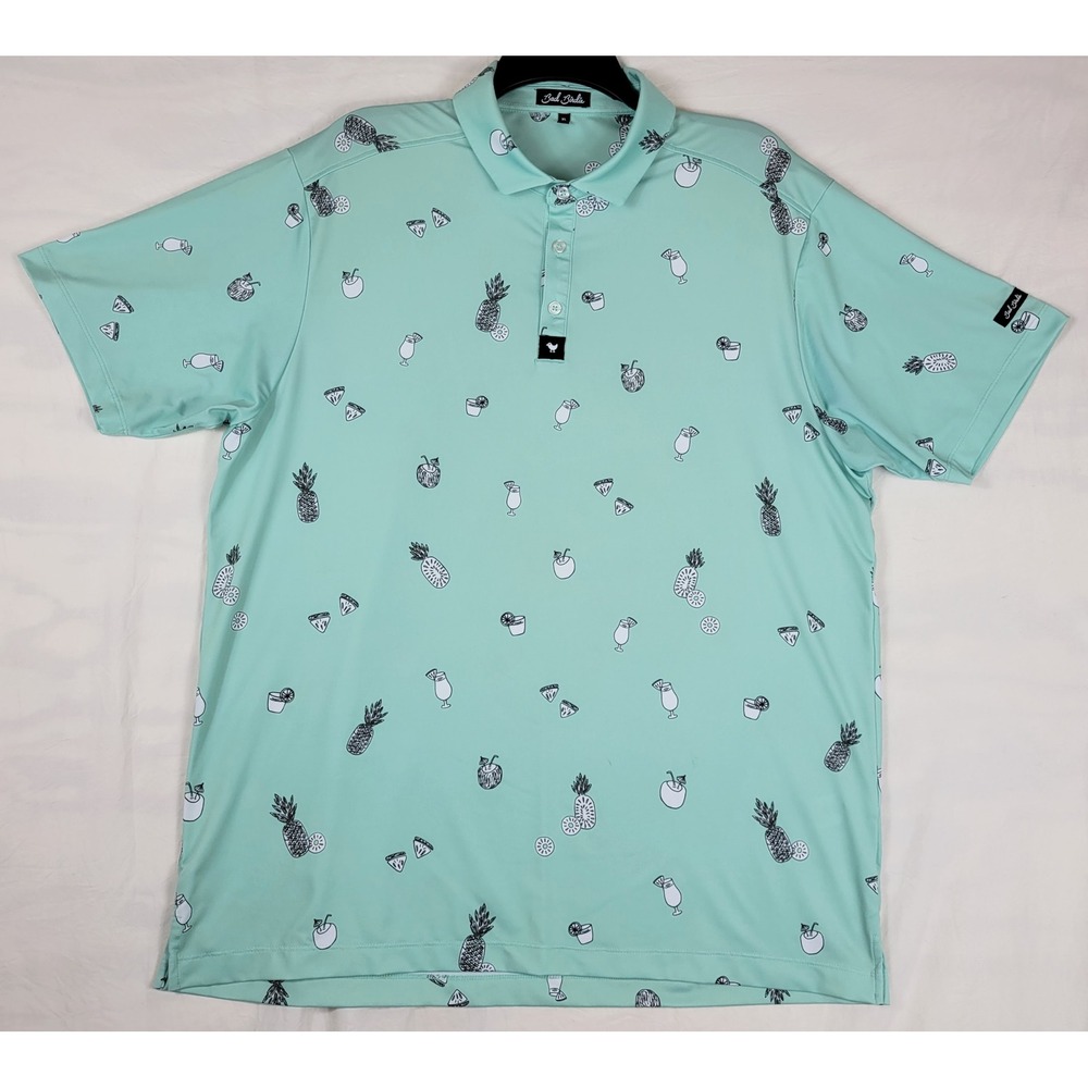 Bad Birdie Golf Polo Shirt XL Mint Green Tropical Pineapple Cocktail Print Mens